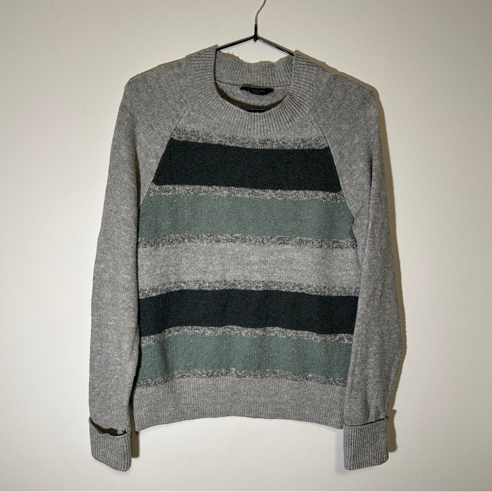 Denver Hayes Gray and Green Striped Cotton Crewneck Sweater